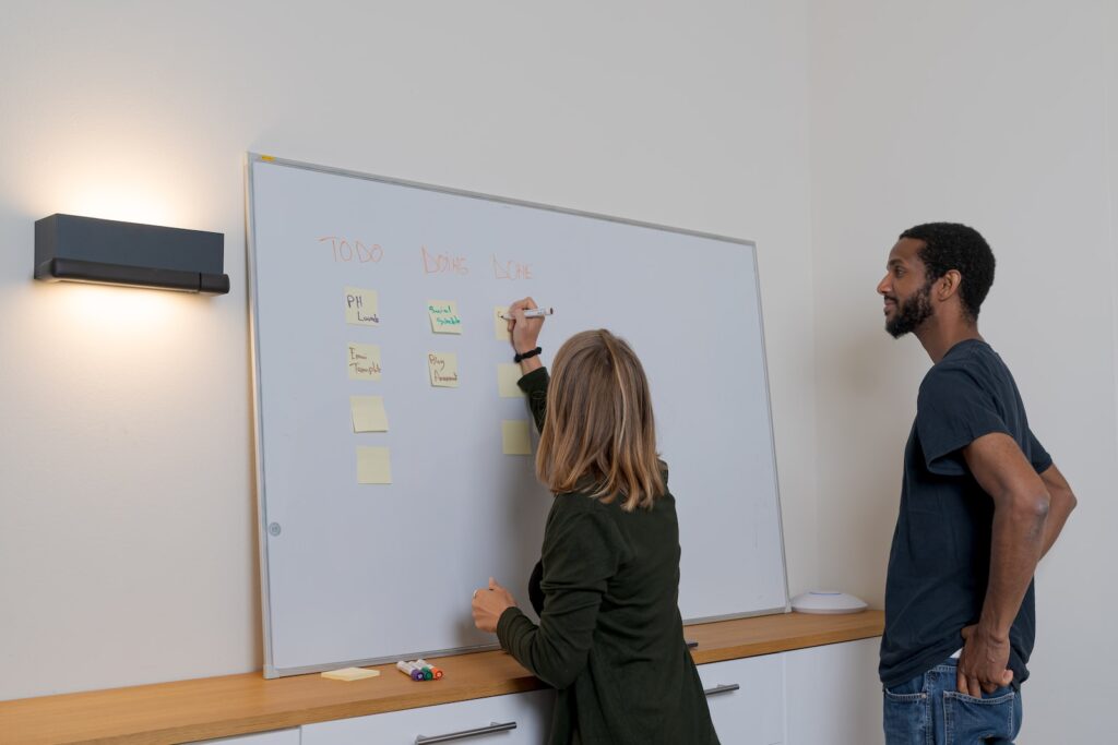 A team of entrepreneurs building a SaaS product on a whiteboard